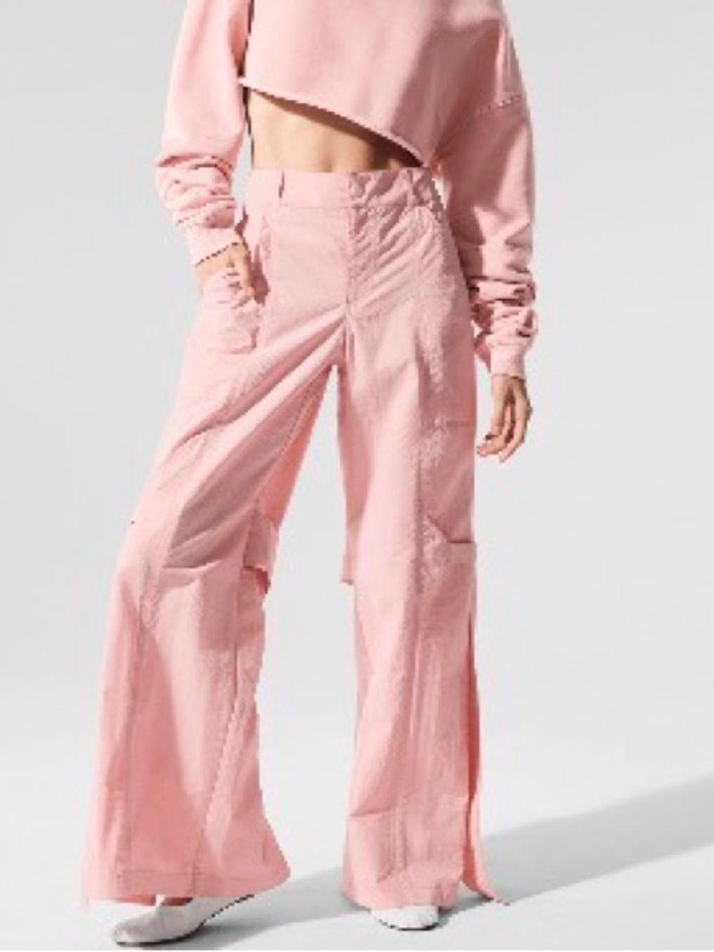 ALO High Waist Voyager Trouser in Pink Quartz Size XS and Size Large.